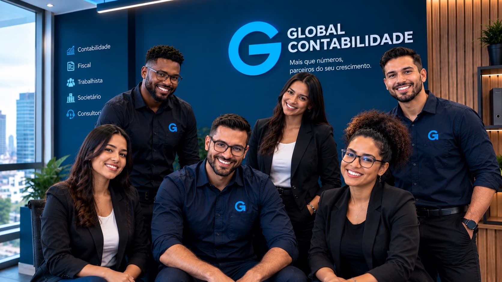 Equipe da Global Contabilidade reunida em frente ao logo do escritório